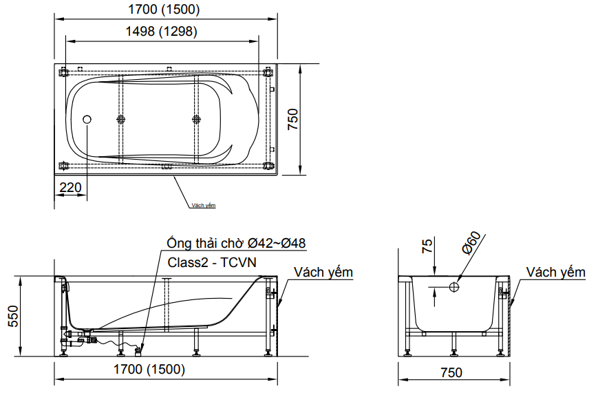 Bản vẽ Bồn Tắm Nằm Inax FBV-1702SR & FBV-1702SL