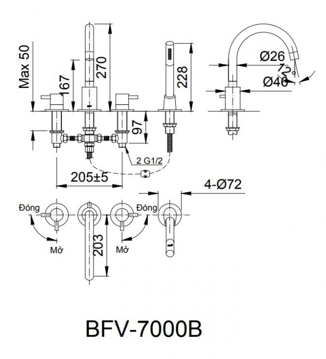 bản vẽ Vòi Bồn Tắm Sen Nóng Lạnh Inax BFV-7000B