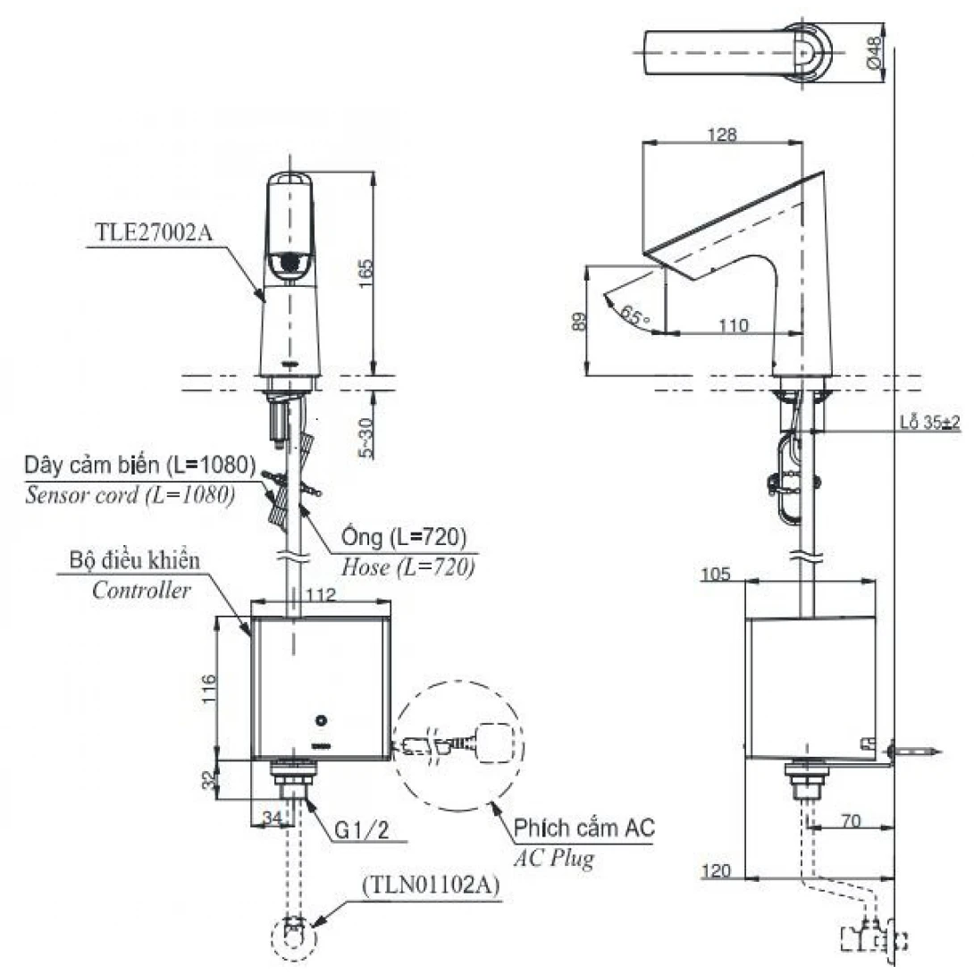 bản vẽ Vòi Lavabo Cảm Ứng Toto TLE27002V TLE01502V TLN01102A Lạnh